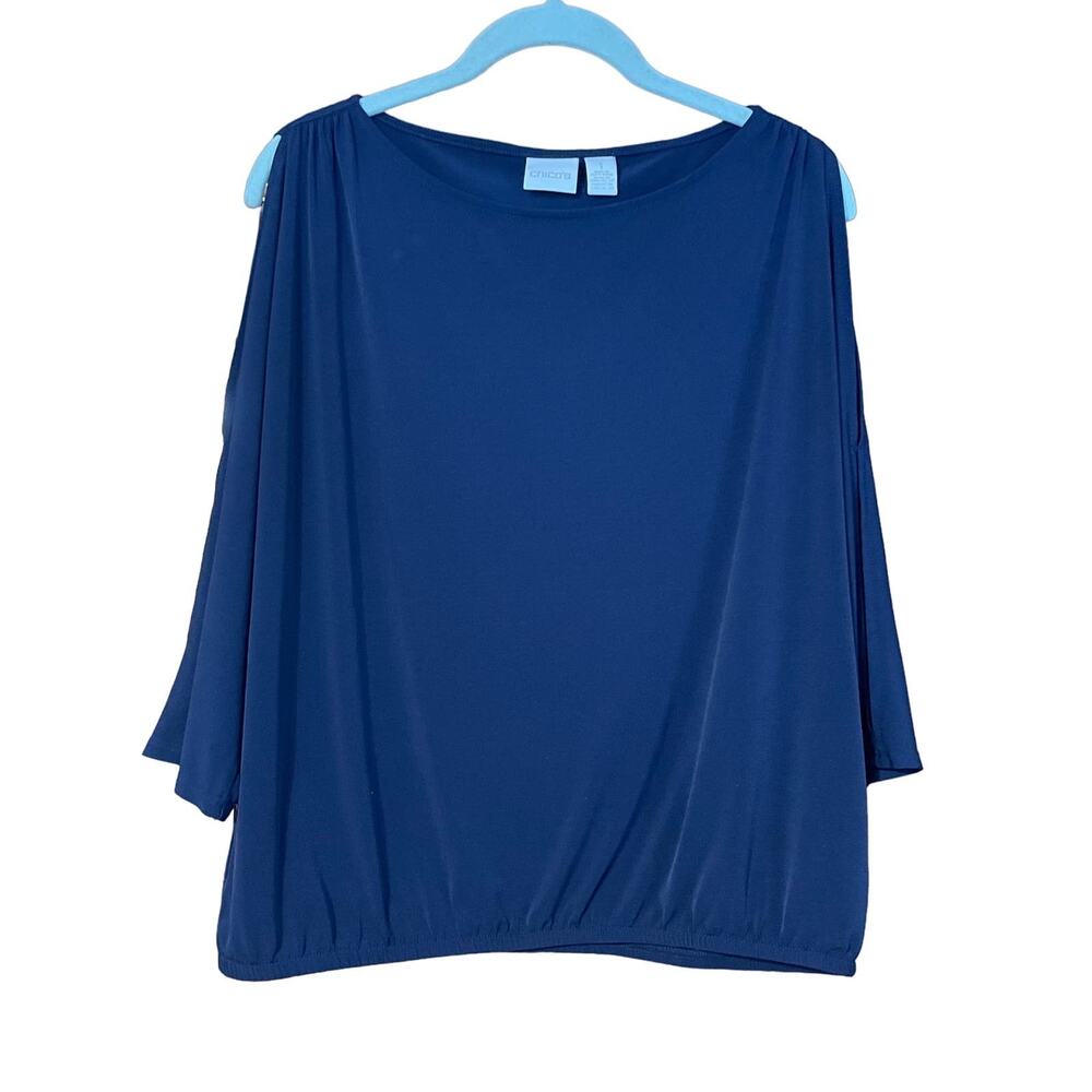 Chico's Women Medium Oversized Blue Cold Shoulder 3/4 Sleeve Pullover Top Size 1
